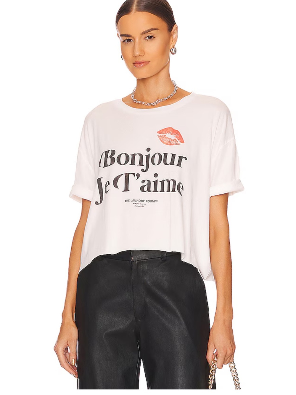 The Laundry Room White Crop Tee with Coral Kiss Graphic
